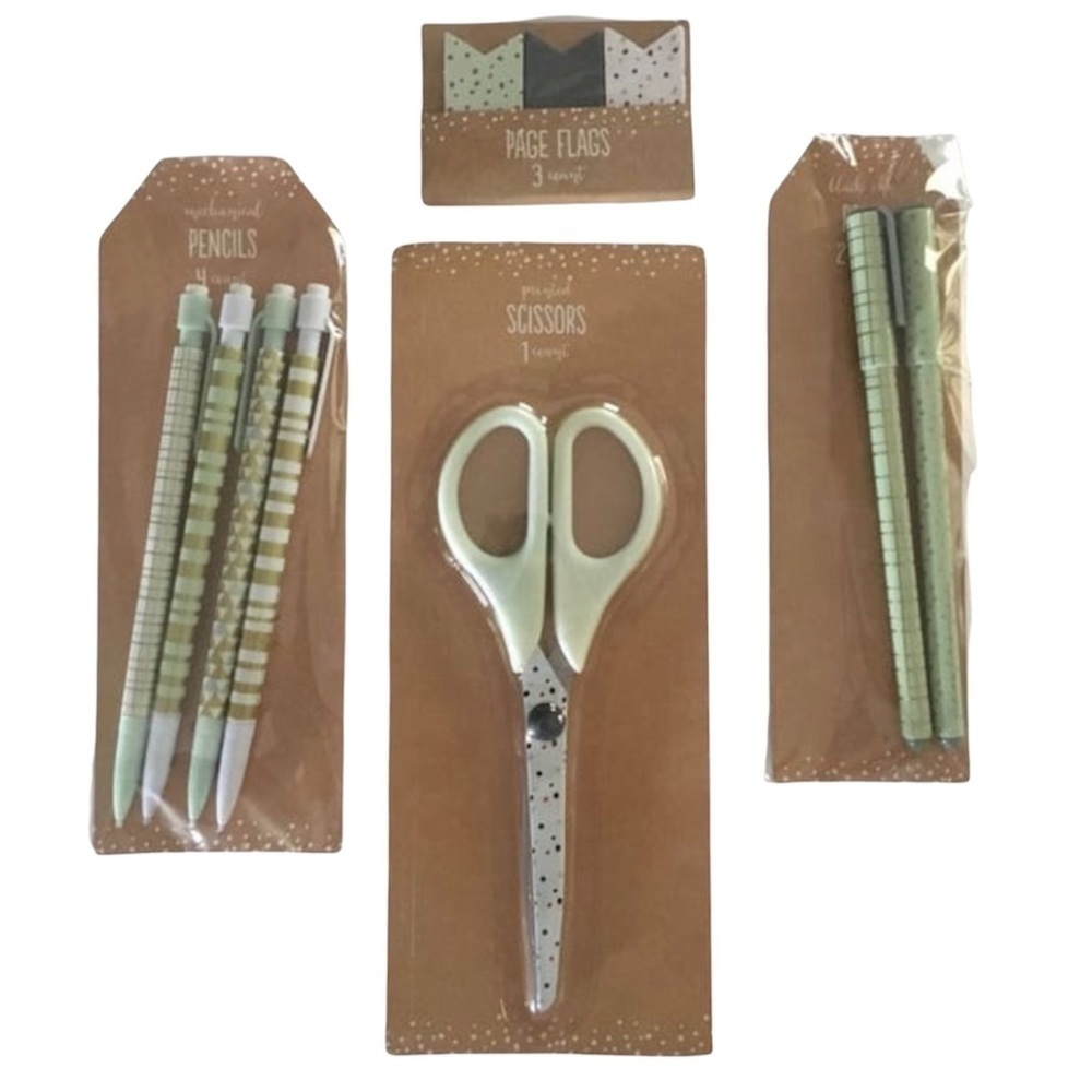Christmas Dots Stationery Page Flags Scissors Pencil Pens Gold Mint Planner Girl